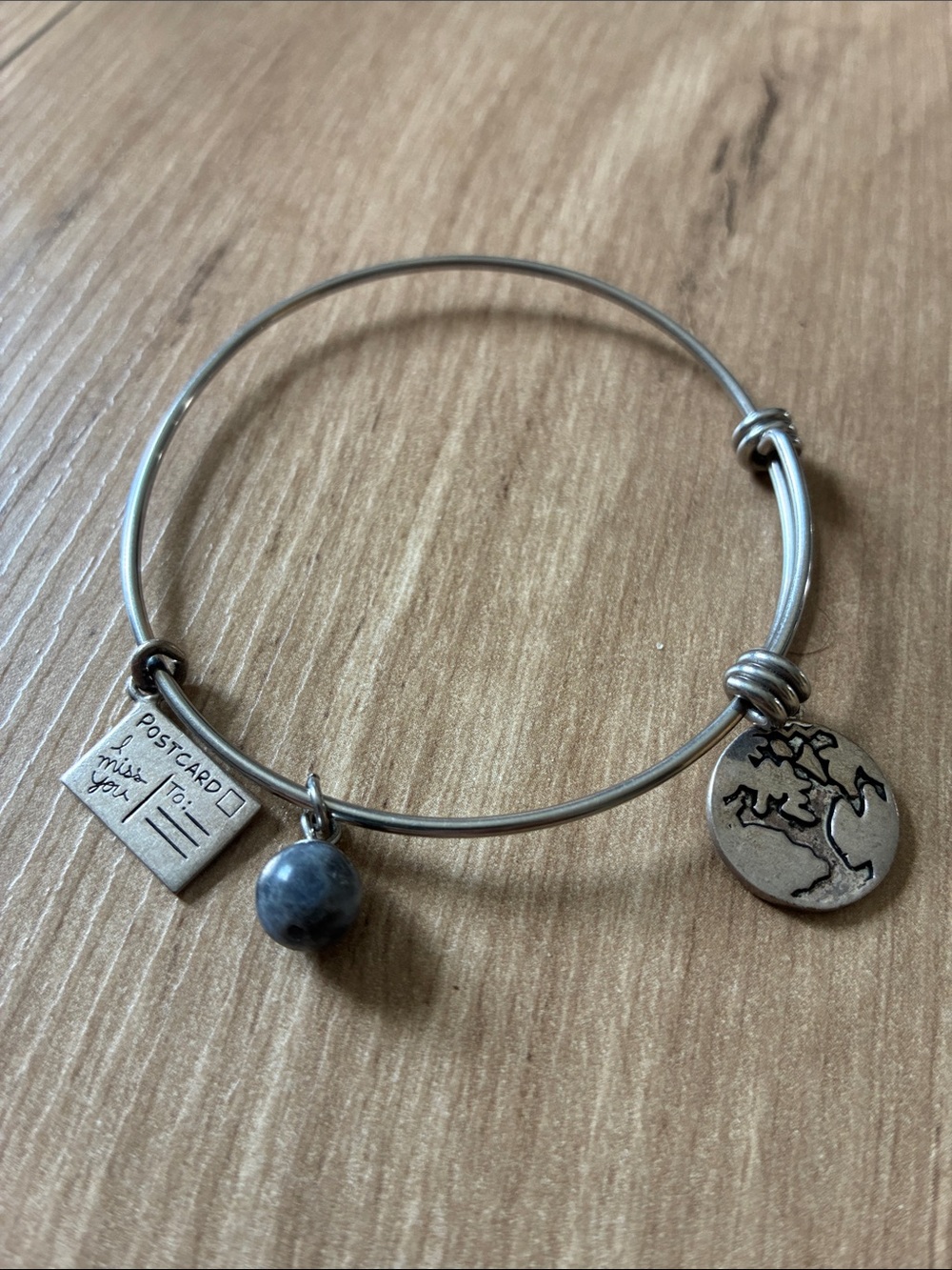 Silver Travel Charm Bangle with Globe and Postcard Charms